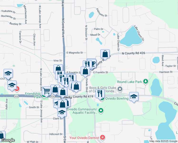 map of restaurants, bars, coffee shops, grocery stores, and more near 295 Geneva Drive in Oviedo