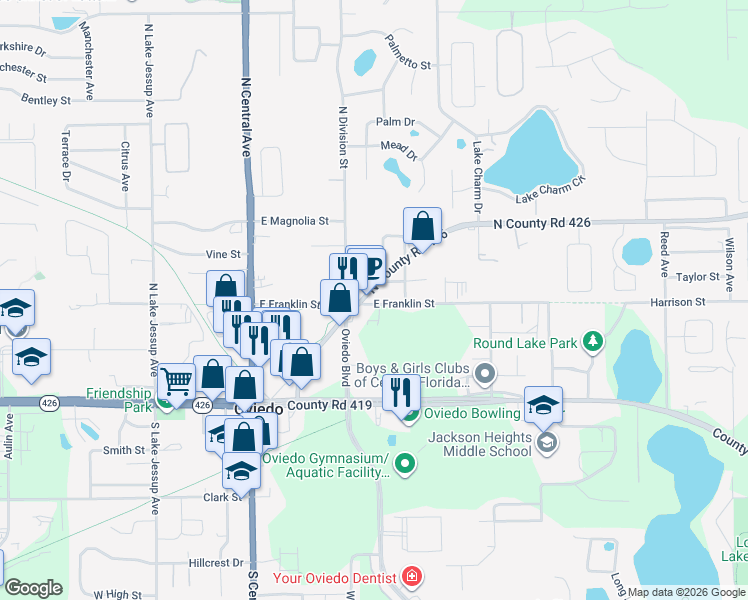 map of restaurants, bars, coffee shops, grocery stores, and more near 387 East Franklin Street in Oviedo