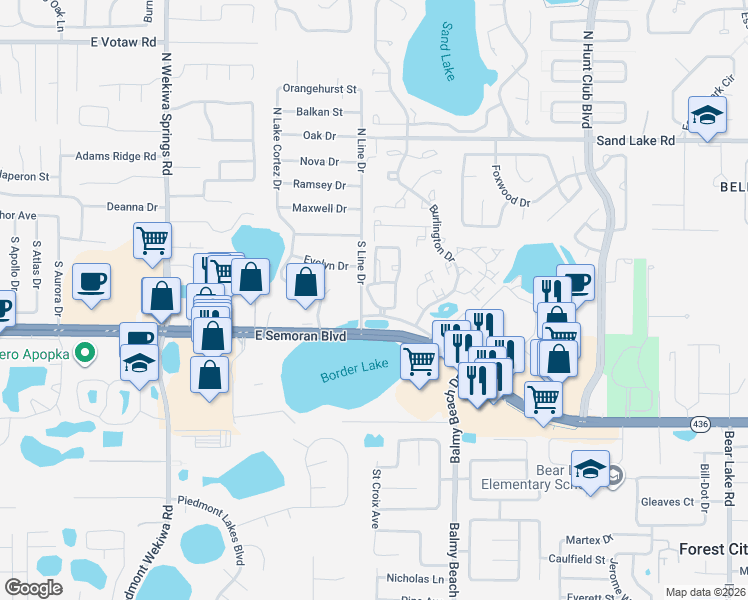 map of restaurants, bars, coffee shops, grocery stores, and more near 500 Jordan Stuart Circle in Apopka