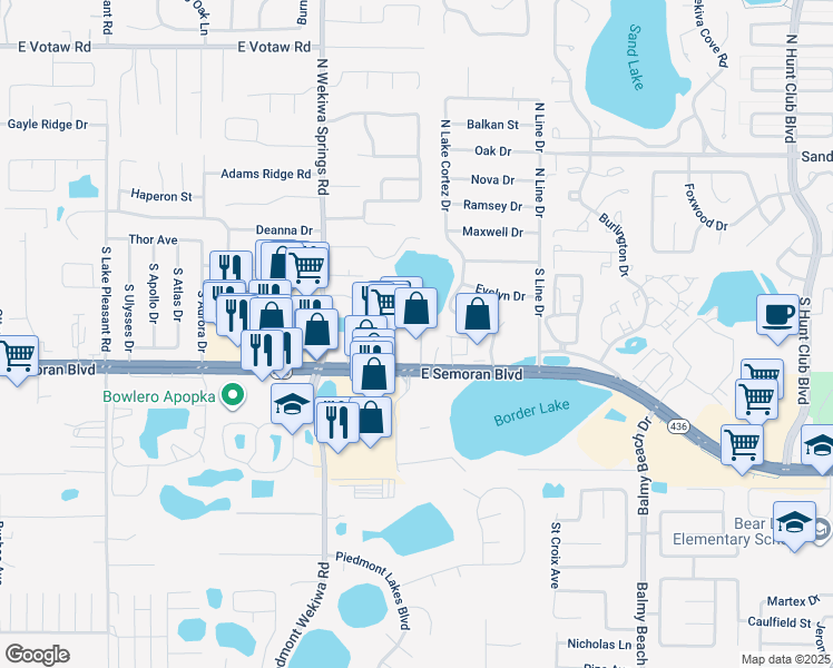 map of restaurants, bars, coffee shops, grocery stores, and more near 2465 East Semoran Boulevard in Apopka