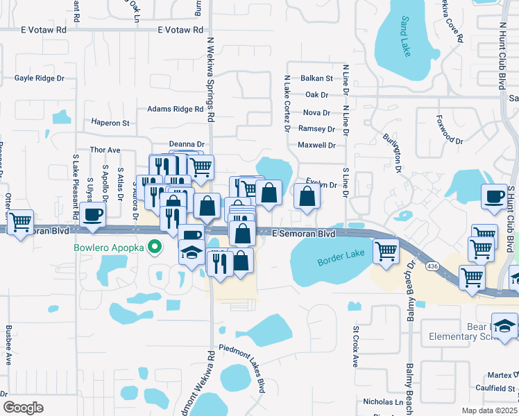 map of restaurants, bars, coffee shops, grocery stores, and more near 2465 East Semoran Boulevard in Apopka