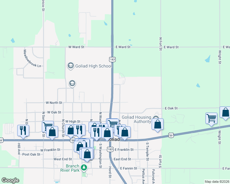 map of restaurants, bars, coffee shops, grocery stores, and more near 608 North Duval Street in Goliad