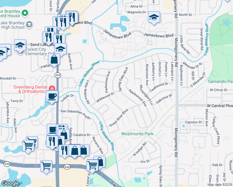 map of restaurants, bars, coffee shops, grocery stores, and more near 627 Willowwood Court in Altamonte Springs