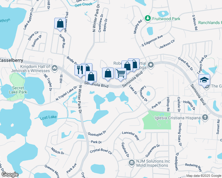 map of restaurants, bars, coffee shops, grocery stores, and more near 1254 Seminola Boulevard in Casselberry