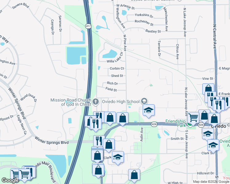 map of restaurants, bars, coffee shops, grocery stores, and more near 838 Field Street in Oviedo