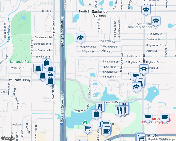 map of restaurants, bars, coffee shops, grocery stores, and more near 711 West Cranes Circle in Altamonte Springs