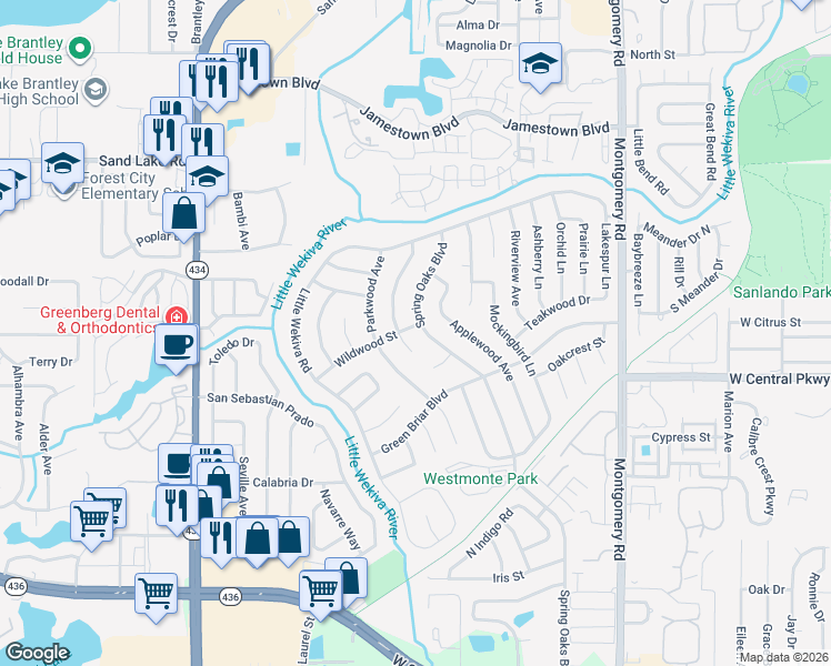 map of restaurants, bars, coffee shops, grocery stores, and more near 627 Willowwood Court in Altamonte Springs