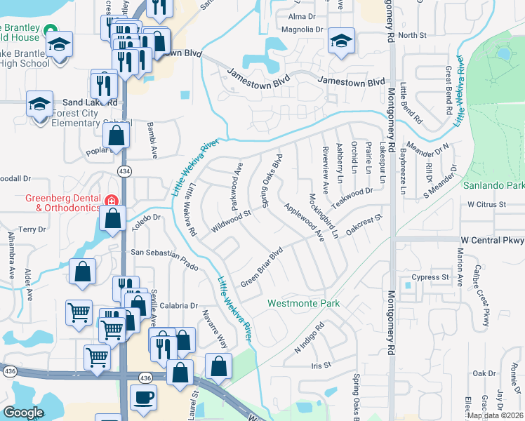 map of restaurants, bars, coffee shops, grocery stores, and more near 627 Willowwood Court in Altamonte Springs