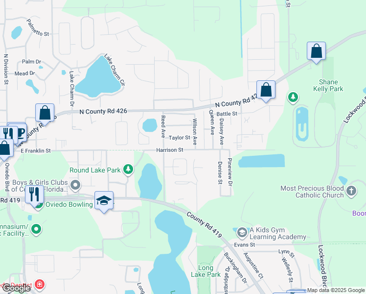 map of restaurants, bars, coffee shops, grocery stores, and more near 240 Harrison Street in Oviedo