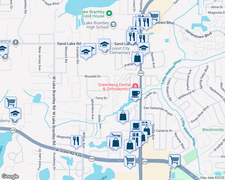 map of restaurants, bars, coffee shops, grocery stores, and more near 627 Dory Lane in Altamonte Springs
