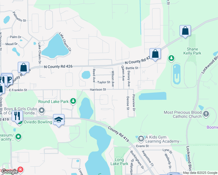 map of restaurants, bars, coffee shops, grocery stores, and more near 240 Harrison Street in Oviedo