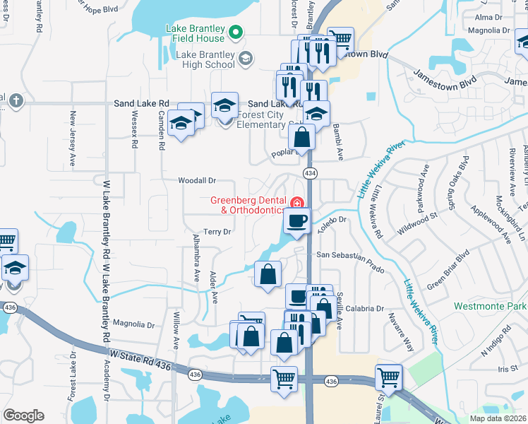 map of restaurants, bars, coffee shops, grocery stores, and more near 642 Dory Lane in Altamonte Springs