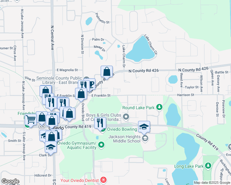 map of restaurants, bars, coffee shops, grocery stores, and more near 567 East Franklin Street in Oviedo