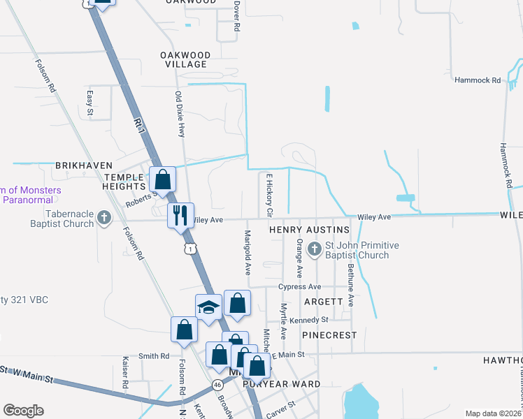 map of restaurants, bars, coffee shops, grocery stores, and more near 3032 Wiley Avenue in Mims