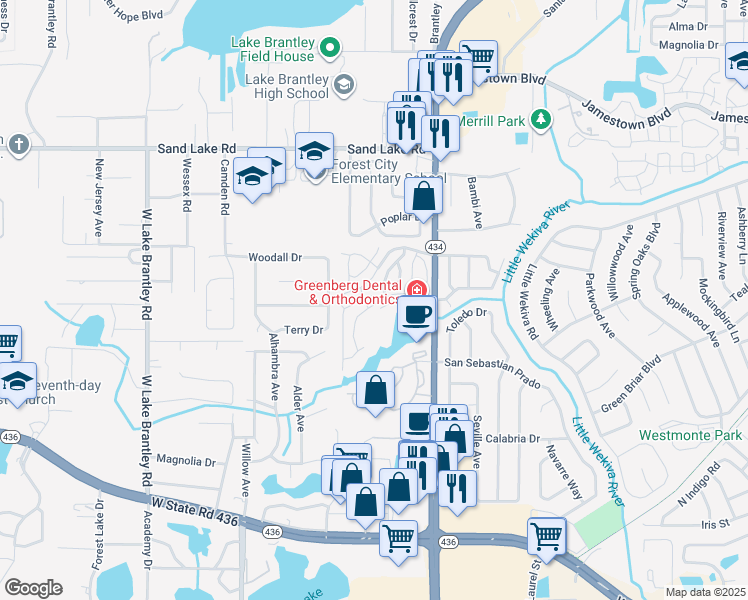 map of restaurants, bars, coffee shops, grocery stores, and more near 642 Dory Lane in Altamonte Springs
