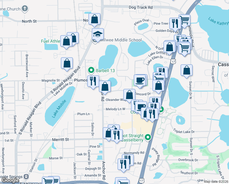 map of restaurants, bars, coffee shops, grocery stores, and more near 331 Oleander Way in Casselberry