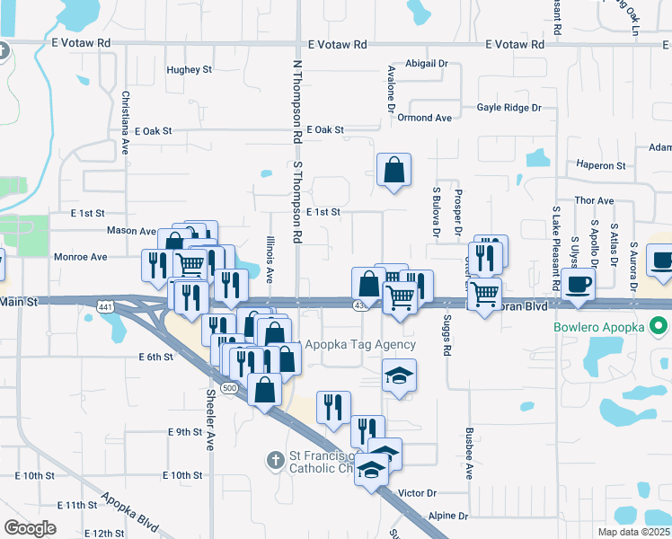 map of restaurants, bars, coffee shops, grocery stores, and more near 321 South Thompson Road in Apopka