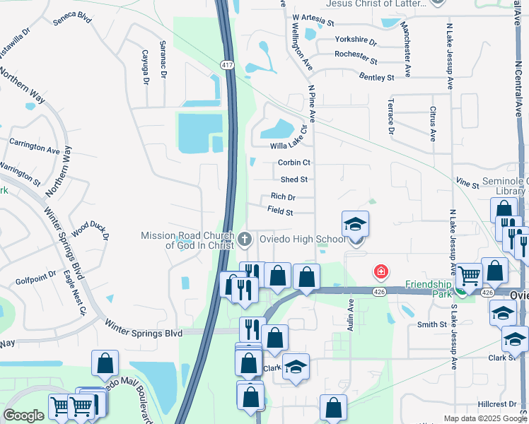 map of restaurants, bars, coffee shops, grocery stores, and more near 940 Field Street in Oviedo