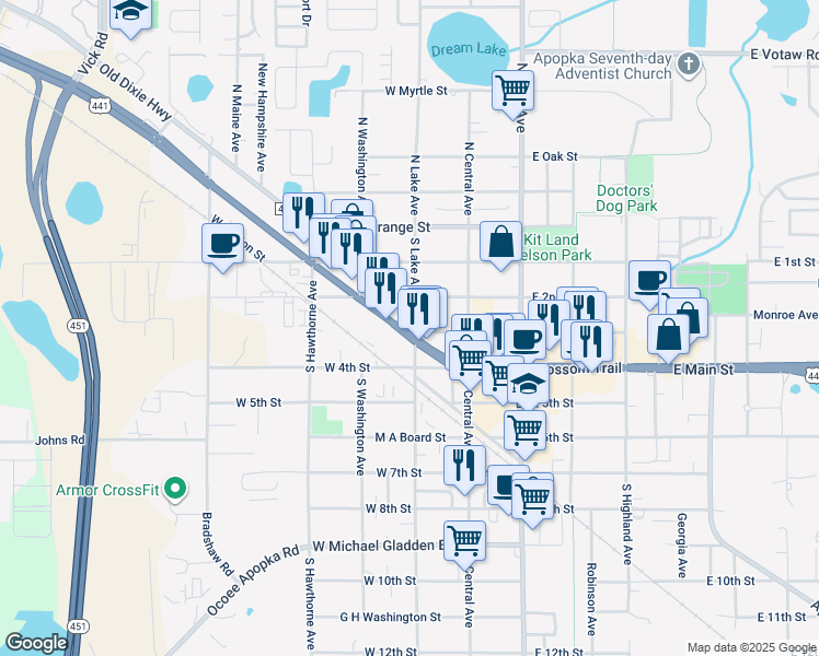 map of restaurants, bars, coffee shops, grocery stores, and more near 108 West Main Street in Apopka