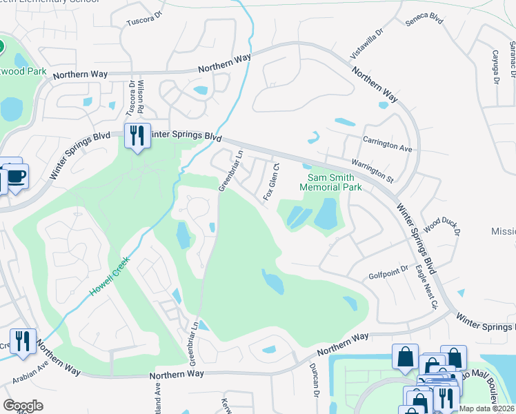 map of restaurants, bars, coffee shops, grocery stores, and more near 1547 Braewick Street in Winter Springs
