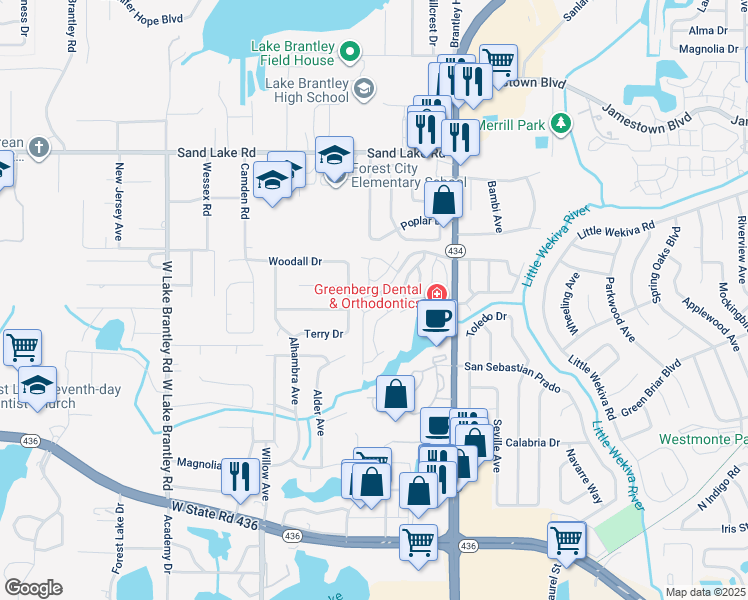 map of restaurants, bars, coffee shops, grocery stores, and more near 627 Dory Lane in Altamonte Springs