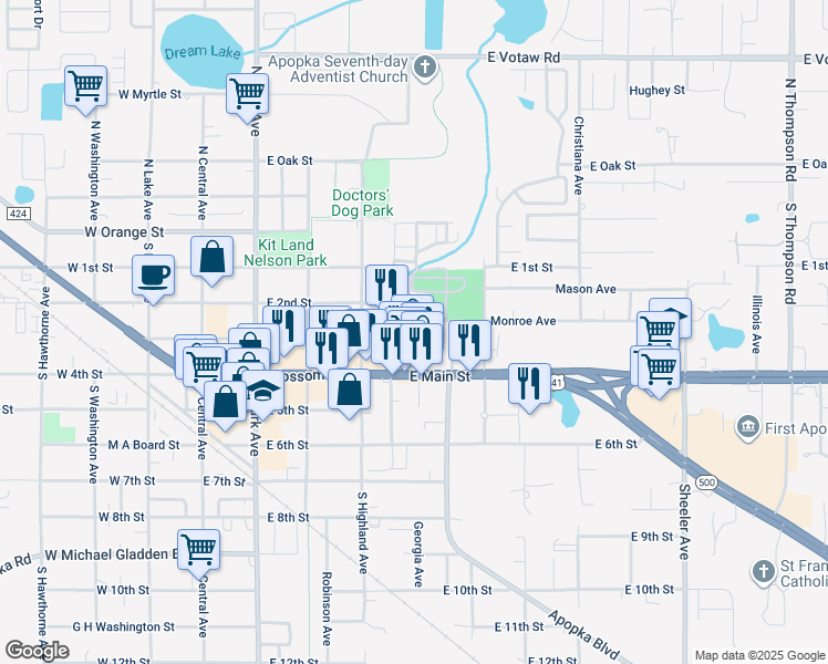 map of restaurants, bars, coffee shops, grocery stores, and more near 211 Edgewood Dr in Apopka