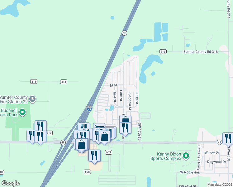 map of restaurants, bars, coffee shops, grocery stores, and more near 5600 Southwest 18th Terrace in Bushnell