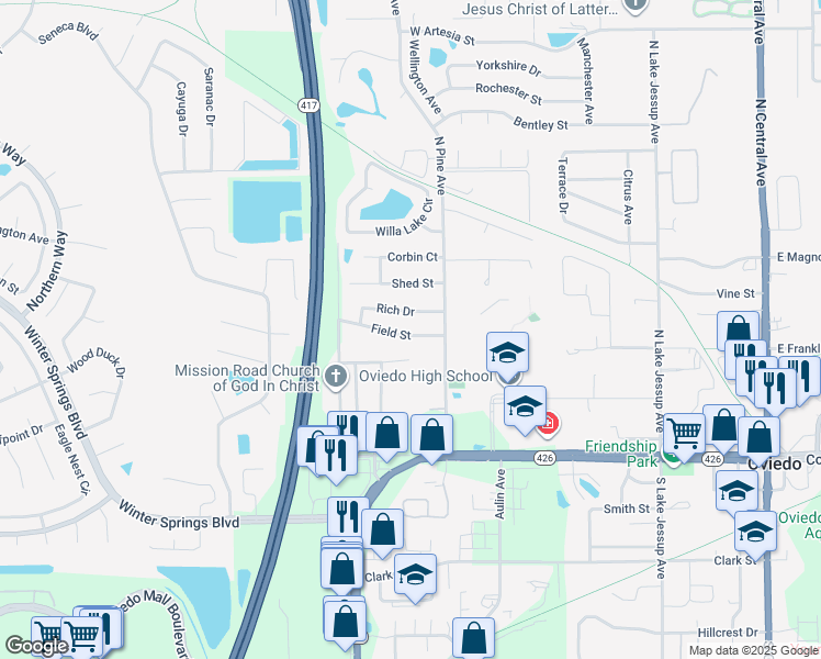 map of restaurants, bars, coffee shops, grocery stores, and more near 798 Field Street in Oviedo