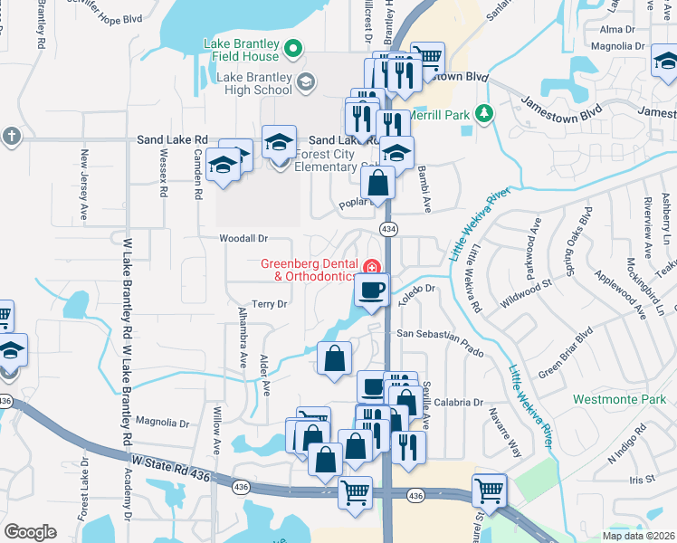 map of restaurants, bars, coffee shops, grocery stores, and more near 637 Sandy Neck Lane in Altamonte Springs