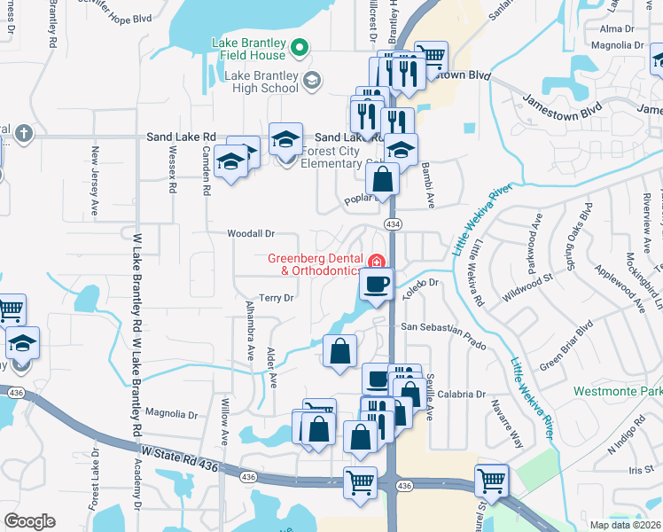 map of restaurants, bars, coffee shops, grocery stores, and more near 637 Sandy Neck Lane in Altamonte Springs