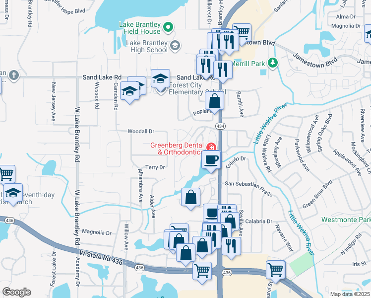 map of restaurants, bars, coffee shops, grocery stores, and more near 637 Sandy Neck Lane in Altamonte Springs