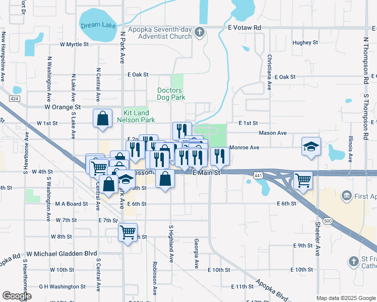 map of restaurants, bars, coffee shops, grocery stores, and more near 211 Edgewood Dr in Apopka