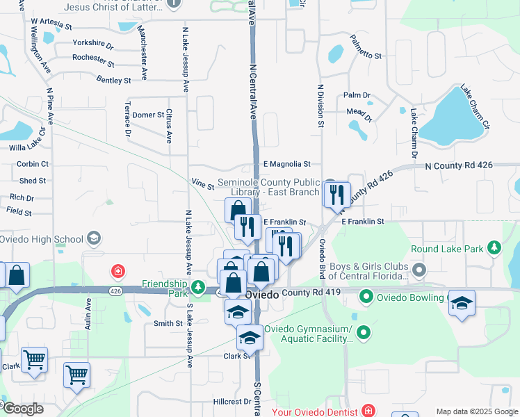 map of restaurants, bars, coffee shops, grocery stores, and more near 302 North Central Avenue in Oviedo