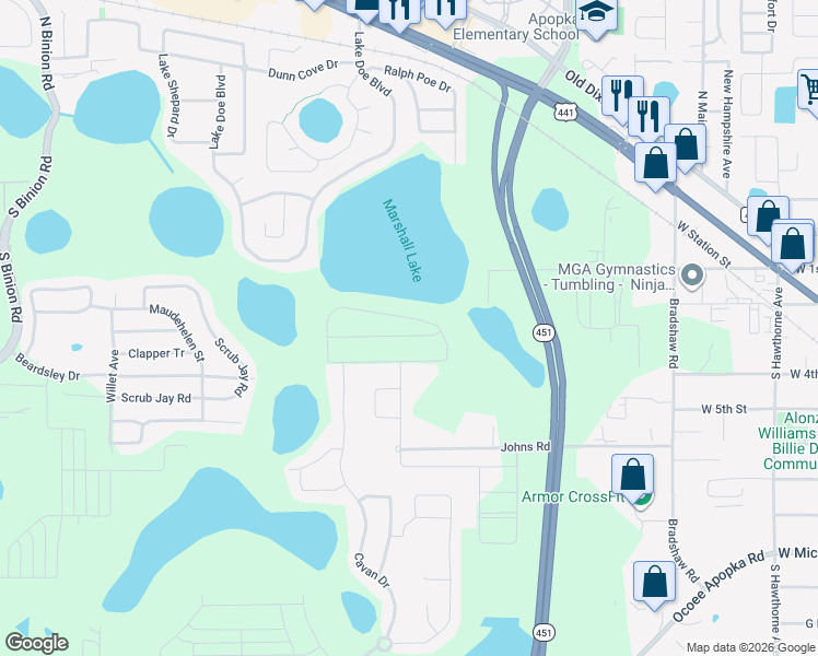 map of restaurants, bars, coffee shops, grocery stores, and more near 1247 Johns Road in Apopka