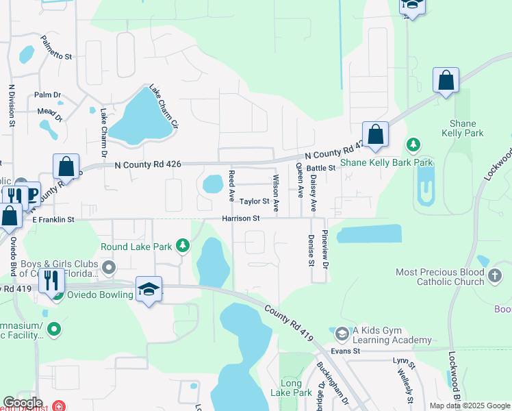 map of restaurants, bars, coffee shops, grocery stores, and more near 1223 Taylor Street in Oviedo