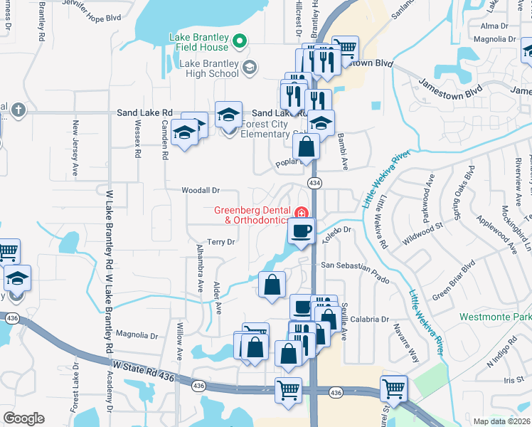 map of restaurants, bars, coffee shops, grocery stores, and more near 643 Dory Lane in Altamonte Springs