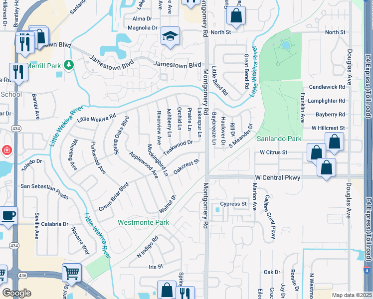 map of restaurants, bars, coffee shops, grocery stores, and more near 600 Orchid Lane in Altamonte Springs
