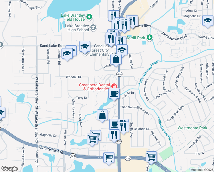 map of restaurants, bars, coffee shops, grocery stores, and more near 1023 Great Pond Drive in Altamonte Springs