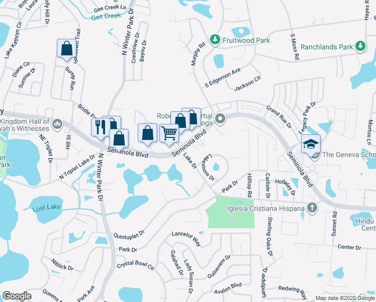 map of restaurants, bars, coffee shops, grocery stores, and more near 1412 Seminola Boulevard in Casselberry