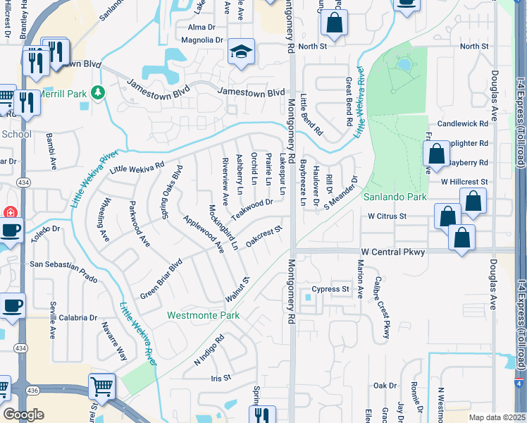 map of restaurants, bars, coffee shops, grocery stores, and more near 600 Orchid Lane in Altamonte Springs