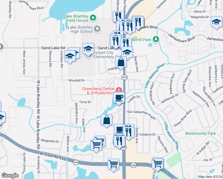 map of restaurants, bars, coffee shops, grocery stores, and more near 1023 Great Pond Drive in Altamonte Springs