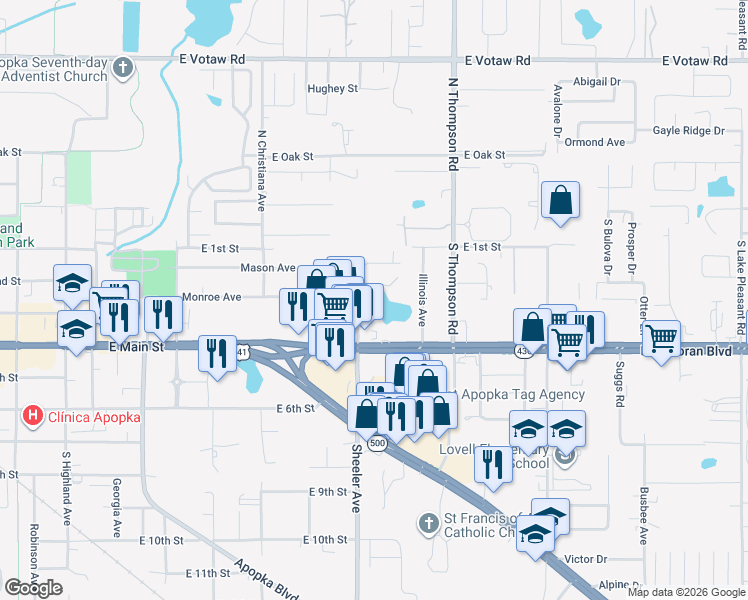 map of restaurants, bars, coffee shops, grocery stores, and more near 929 Monroe Court in Apopka
