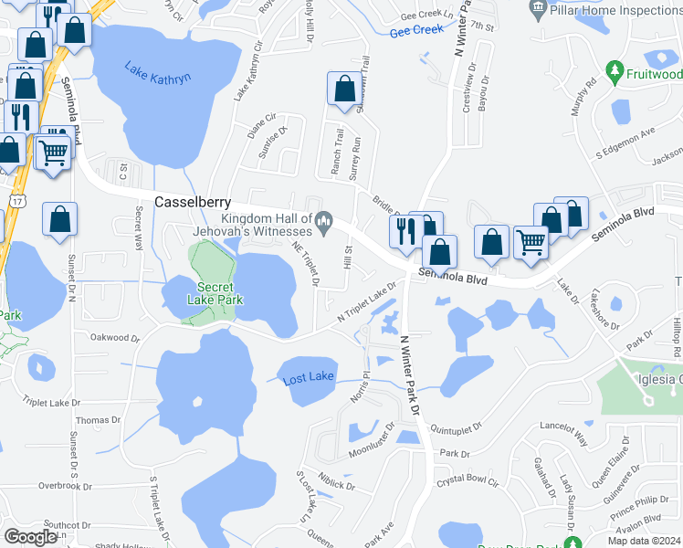 map of restaurants, bars, coffee shops, grocery stores, and more near 224 Hill Street in Casselberry