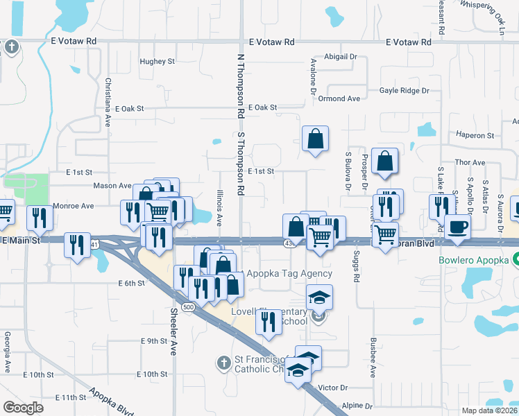 map of restaurants, bars, coffee shops, grocery stores, and more near 242 Dovetail Court in Apopka