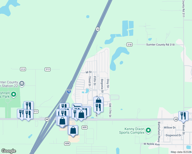 map of restaurants, bars, coffee shops, grocery stores, and more near 418 Southwest 18th Terrace in Bushnell