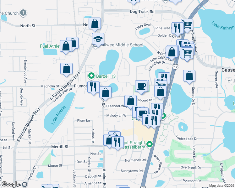 map of restaurants, bars, coffee shops, grocery stores, and more near 408 Lotus Lane in Casselberry