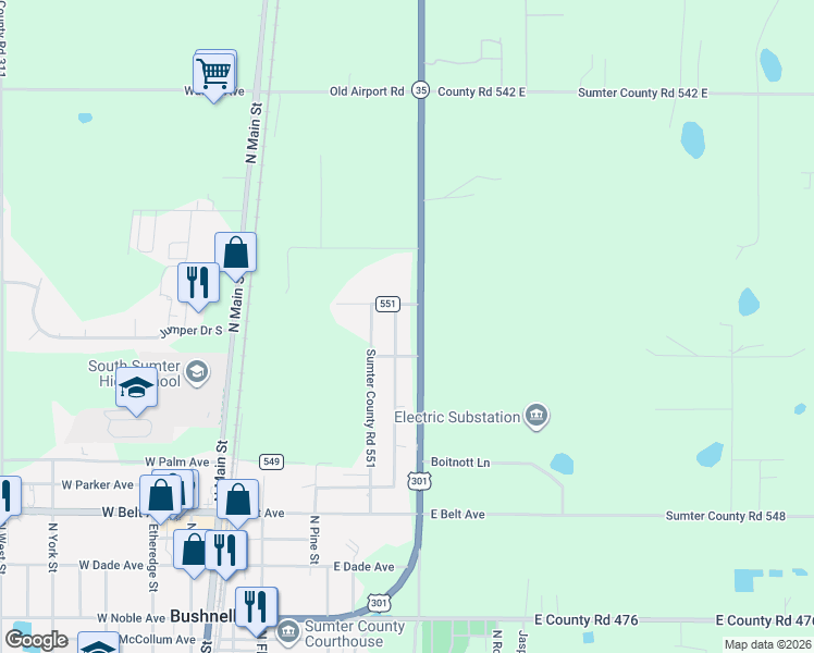 map of restaurants, bars, coffee shops, grocery stores, and more near 81 County Road 551 in Bushnell