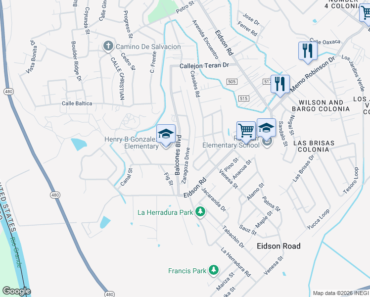 map of restaurants, bars, coffee shops, grocery stores, and more near 401 Zaragoza Street in Eagle Pass