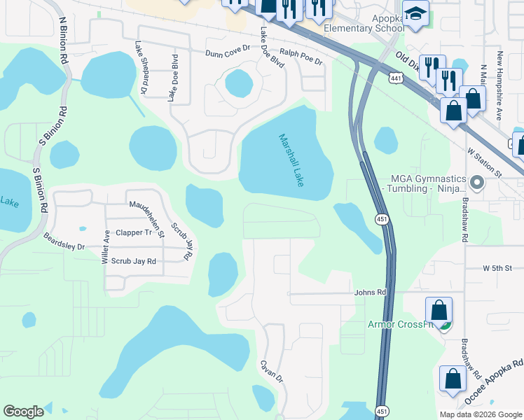 map of restaurants, bars, coffee shops, grocery stores, and more near Waterview Ridge Circle in Apopka