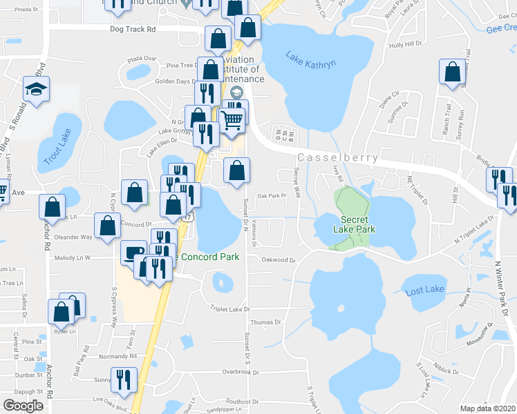 map of restaurants, bars, coffee shops, grocery stores, and more near 229 Oak Park Place in Casselberry